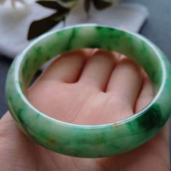 Certified Type A Jadeite Bangle 100% Natural Grade A Jade Green Yellow Dot 56mm - Picture 7 of 11